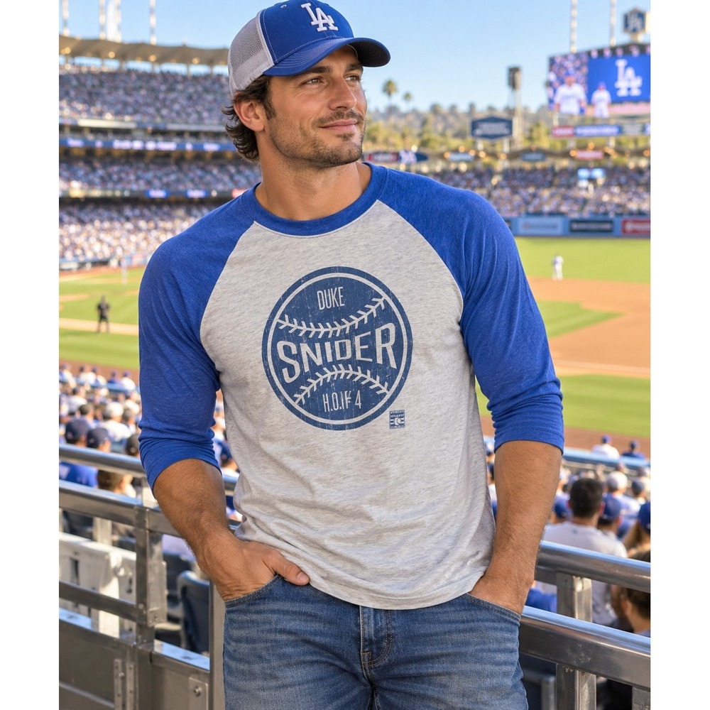 Duke Snider #4 Baseball Raglan Shirt Mens M Blue Gray 3/4 Sleeve Dodgers -3856
